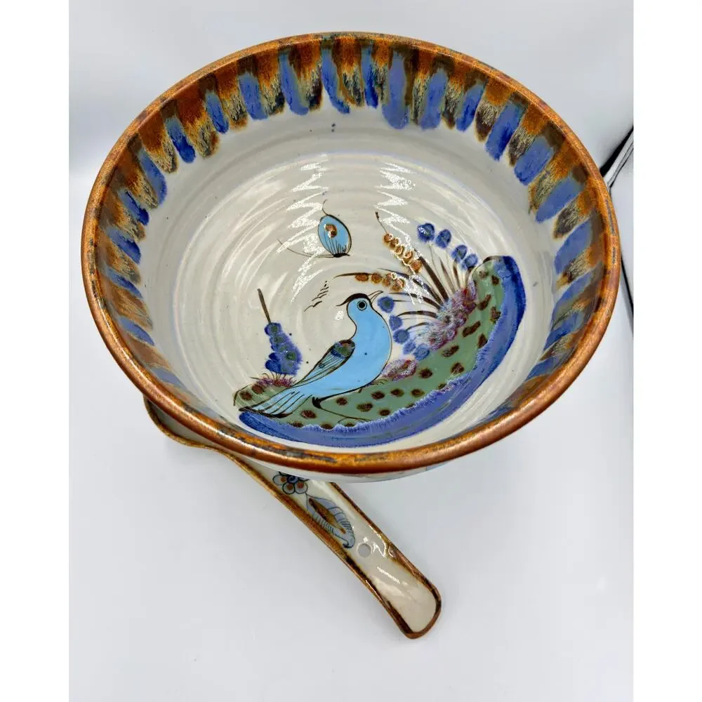 Folk-Art Ken Edwards Palomar Tonala Pottery Hand Painted Punch Bowl w/Ladle